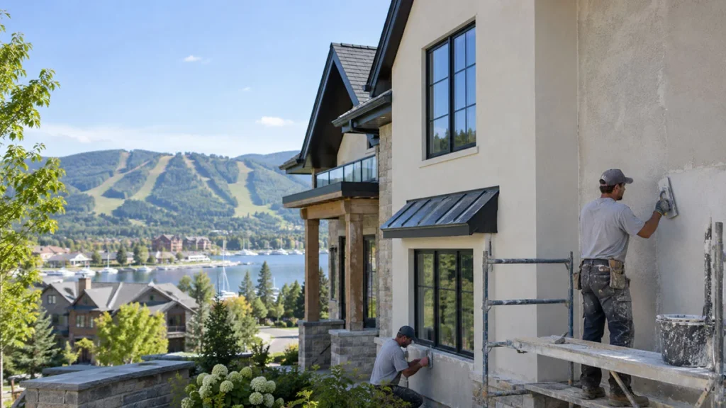Stucco contractor in Collingwood, Ontario working on a residential exterior