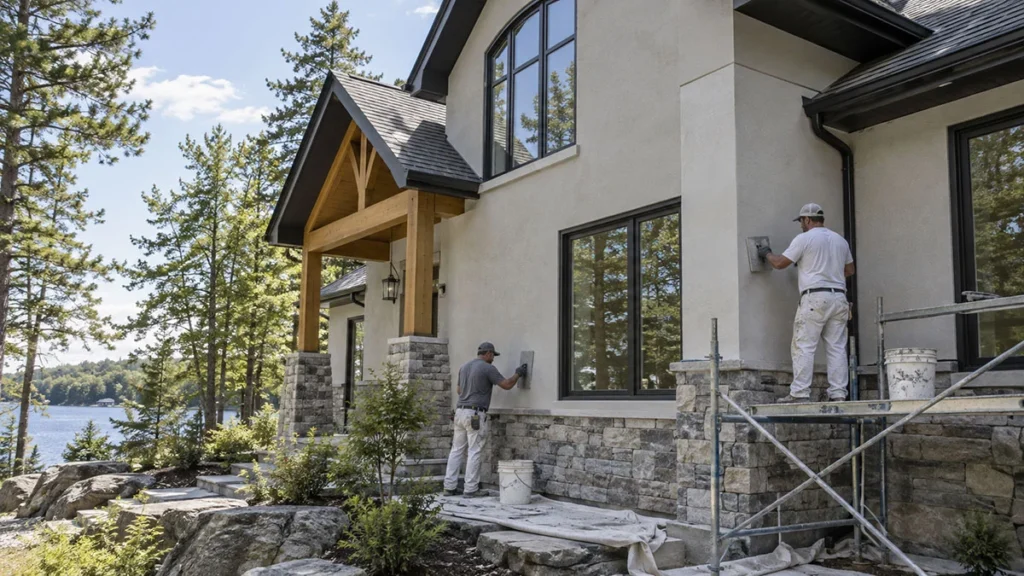 Stucco contractor in Gravenhurst, Ontario working on a residential exterior