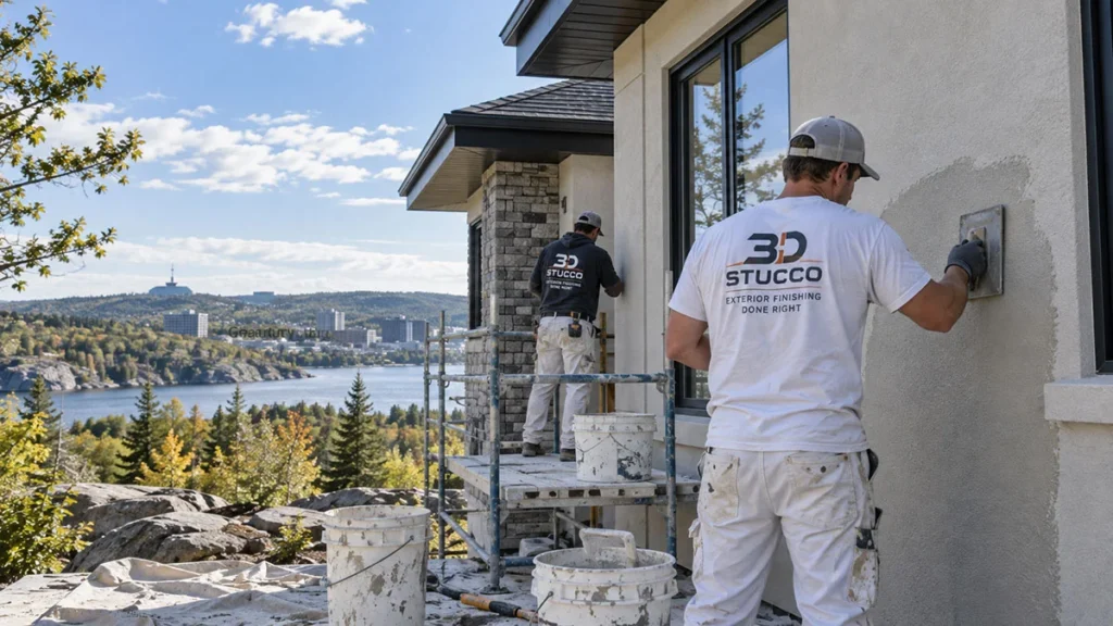 Stucco contractor in Greater Sudbury, Ontario working on a residential exterior