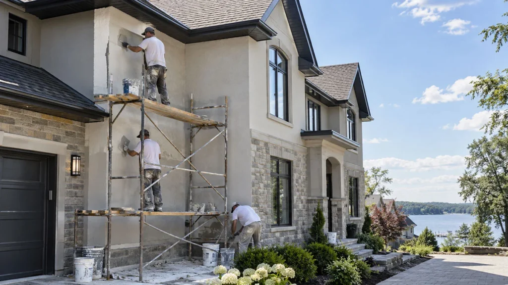 Stucco contractor in Innisfil, Ontario applying exterior stucco to a residential home