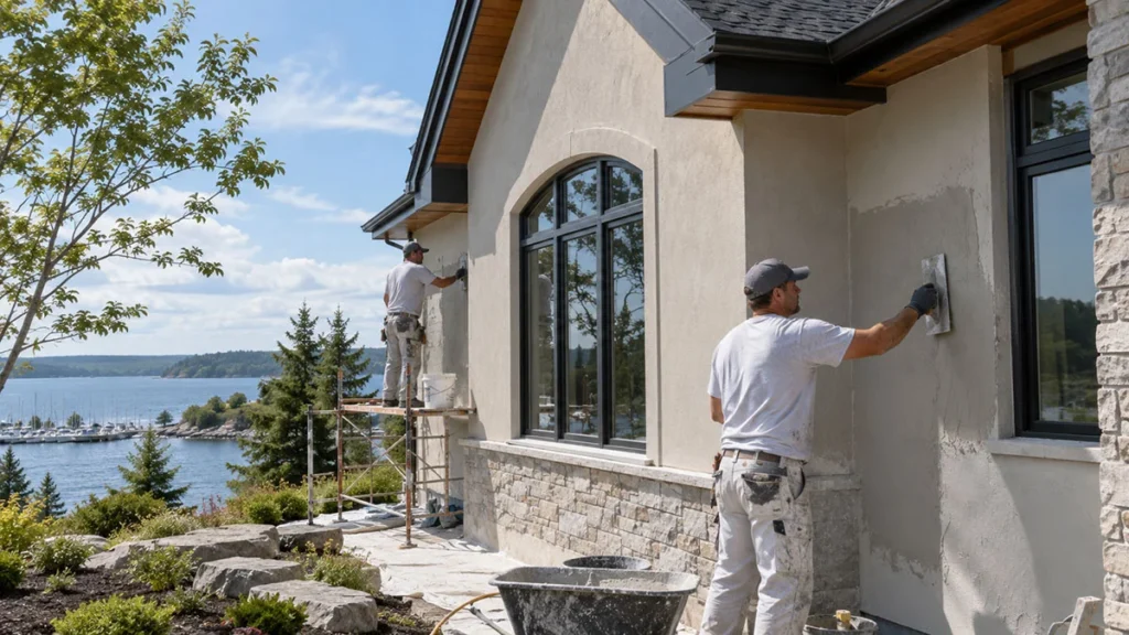 Stucco contractor in Midland, Ontario working on a residential exterior renovation