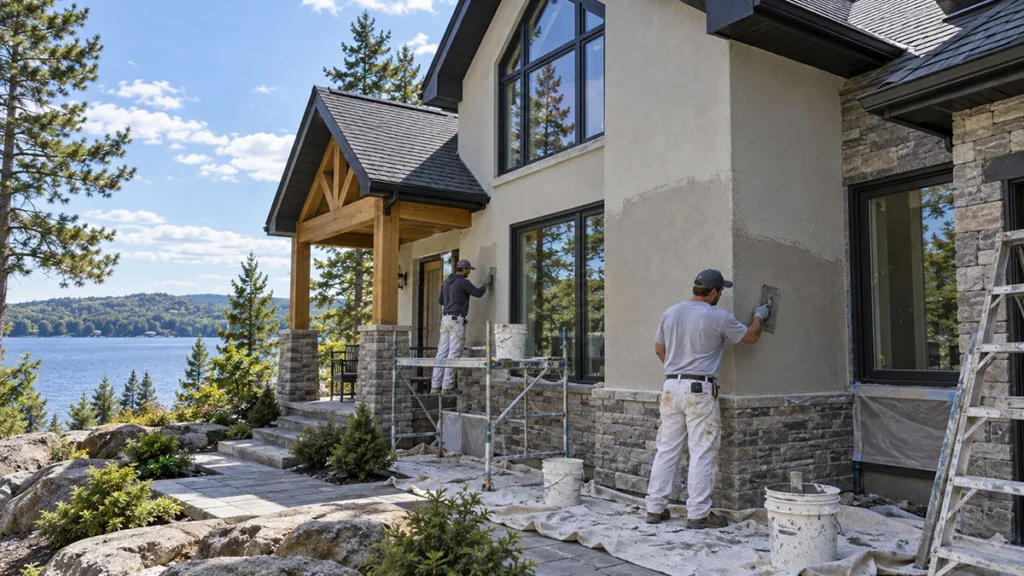 Stucco contractor in North Bay, Ontario working on a residential exterior
