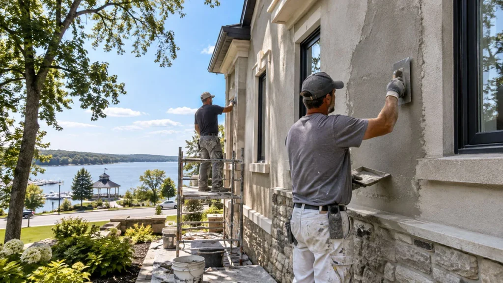 Stucco contractor in Orillia, Ontario working on a residential exterior renovation
