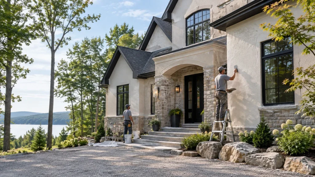 Stucco contractor in Oro-Medonte, Ontario working on a residential exterior