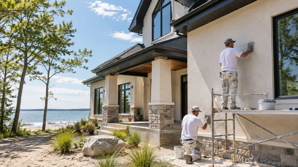 Stucco contractor in Wasaga Beach, Ontario working on an exterior home renovation